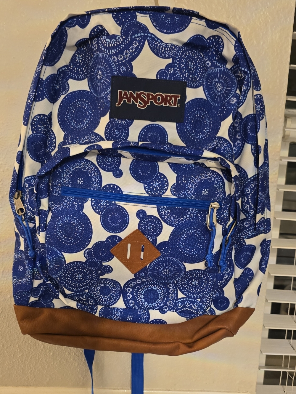 Jansport Blue & White Patterned Backpack with Brown Base